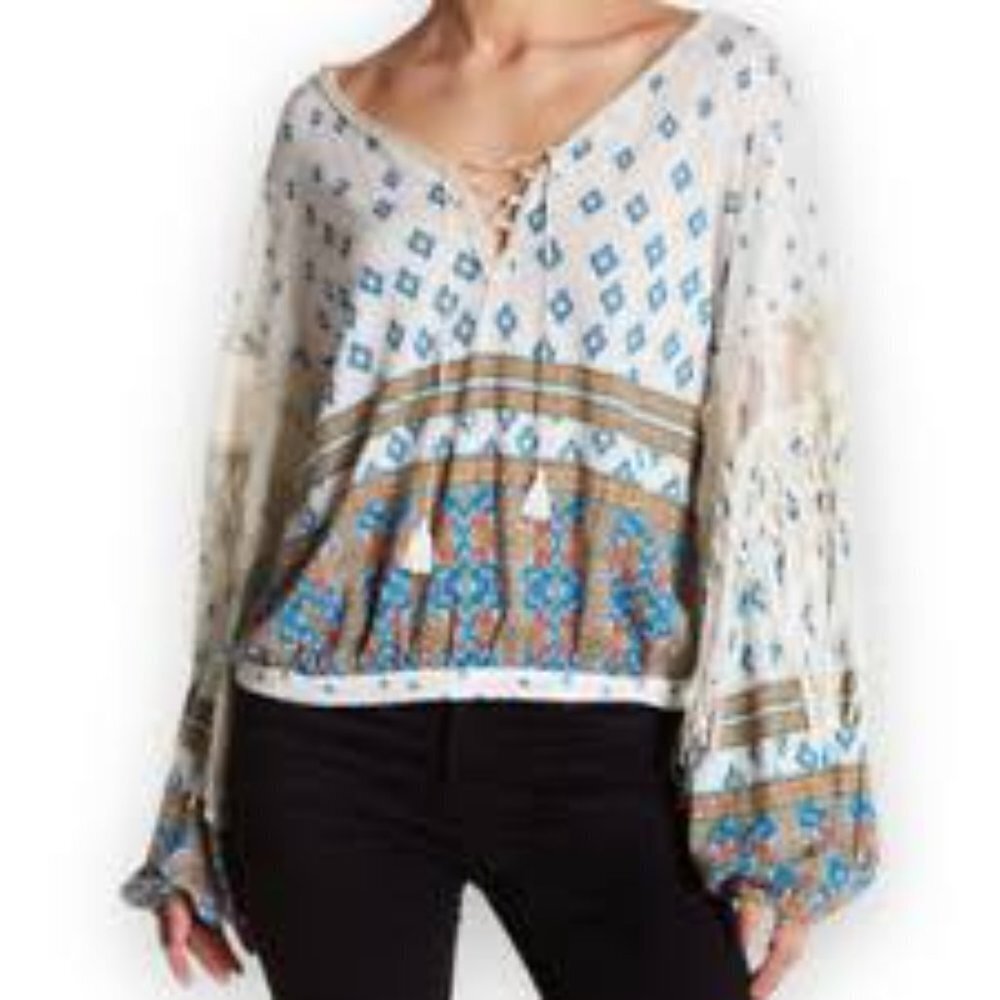 Free People Bohemian Long Sleeve Top Scarf Print Macrame Medium White Blue